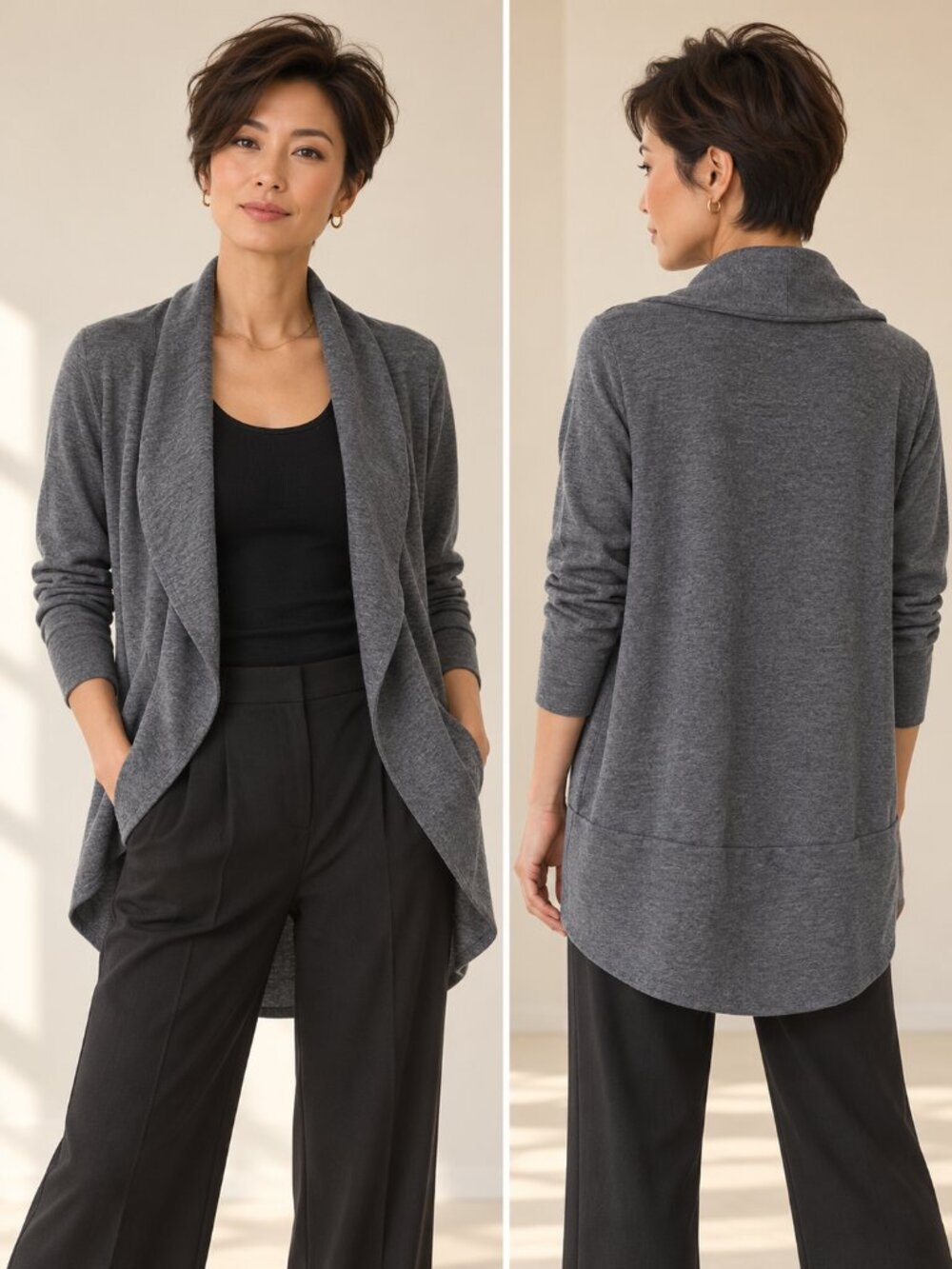 Theory Kolma Gray Draped Open Front Cardigan M Shawl Collar Minimalist Chic